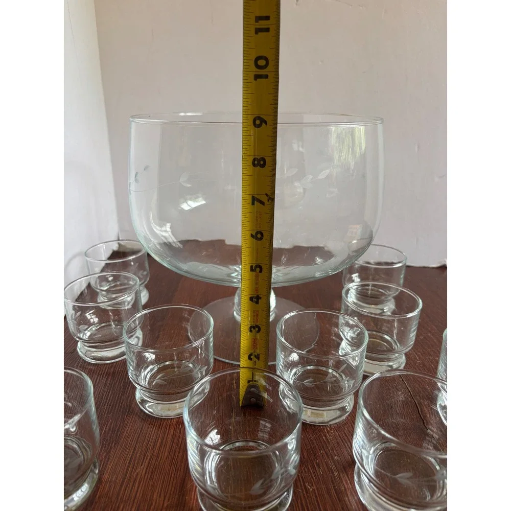 Princess House Heritage Etched Glass Punch Bowl Set with 10 Cups Floral‎ Vintage
